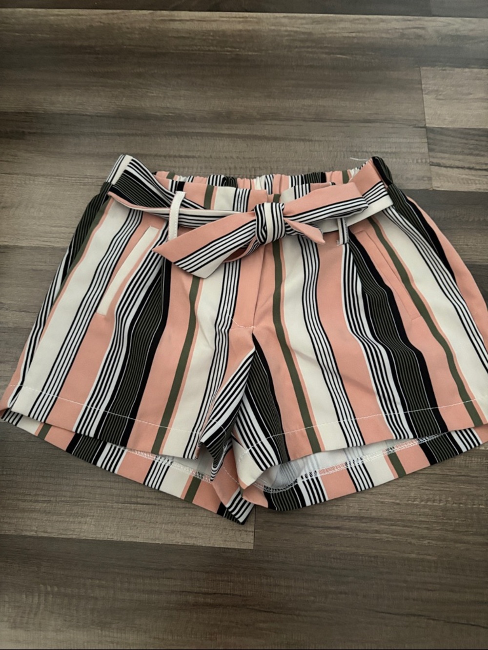 like an angel Pink, Black & White Striped Paperbag Waist Shorts with Tie